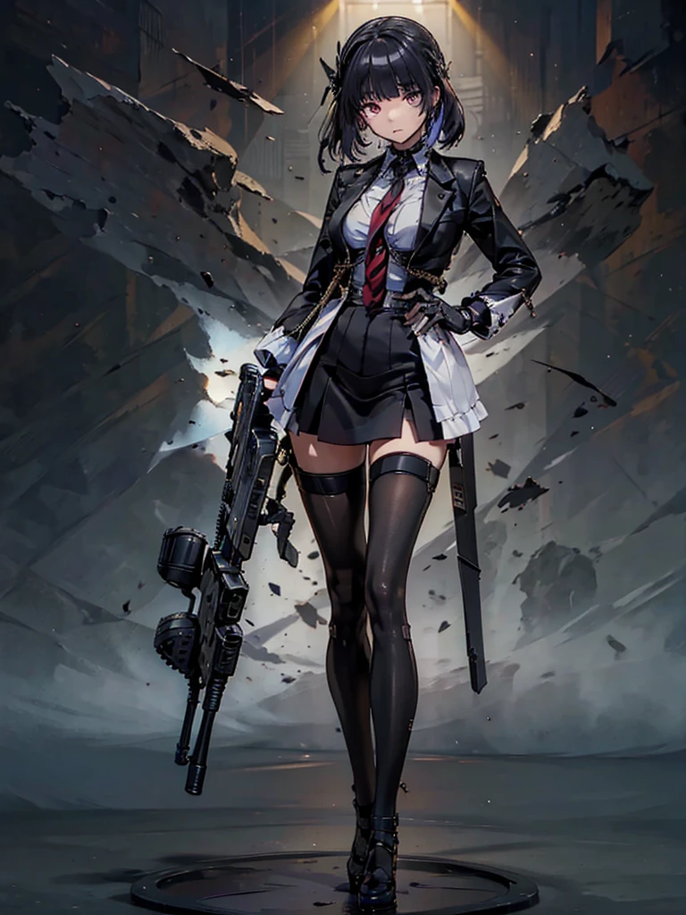 holding_gun, assault_rifle, Holding a steampunk long barrel pistol, ((masterpiece_Portraiture)),(beautiful girl),(Pixiv),(Fantasy), In the spotlight, The background is a dark and desolate landscape, Horror movie atmosphere. Her figure is very beautiful, Emphasizing the dark and crazy elements. Skillfully expressing the effects of light and shadow, detailed, The face and expression of the black costume are also carefully drawn.....,(Tilt your head:1.2), ([sketch|watercolor \(Moderate\)]:1.15),Chaotic abstract background, Vector Trace, Gradient blending and whole body, Artistic elements add depth to the work. The overall atmosphere is creepy and nightmarish....., With a unique artistic touch. This movie is、The dark and crazy world of horror movies depicted in HD., Evoke visual stimuli and aesthetic sense