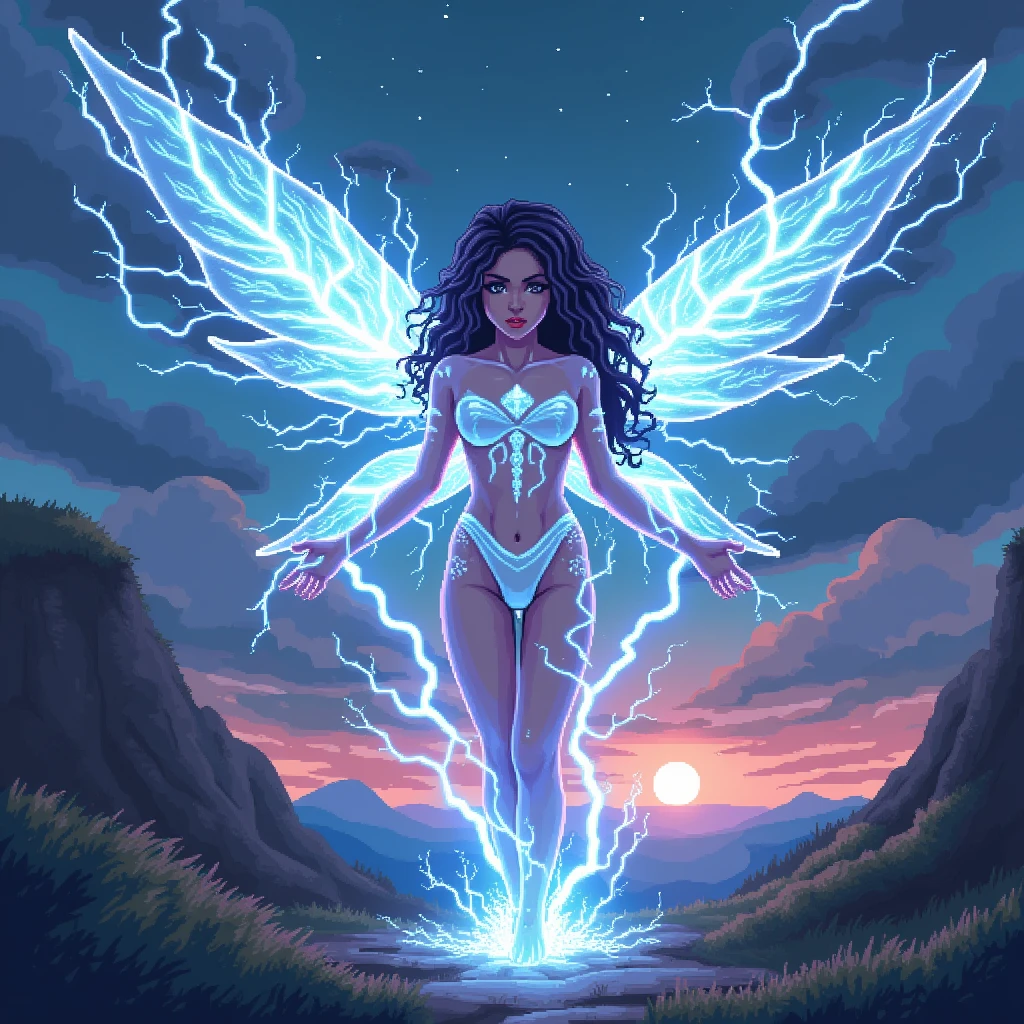Craft a pixel art marvel showcasing a fairy crackling with thunderous energy, her form illuminated by the raw power she wields. With lightning coursing through her veins, she exudes an electrifying presence, her wings ablaze with pulsating bolts of energy. Vibrant hues of blue and white intertwine with her ethereal form, creating a captivating spectacle. With a determined gaze, she surveys the landscape below, her thunderous powers ready to be unleashed upon any who dare to
