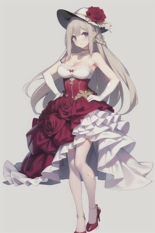 lexington \(warship girls r\),((Bestquality))),((Ultra-detailed)),((illustration)),((Disheveledhair)),((frilld)),(1girl),(Solo), 1girl, bangs, bare shoulders, black footwear, blue eyes, braid, breasts, choker, cleavage, dress, earrings, eyebrows visible through hair, flower, full body, fur trim, gloves, gradient, hair between eyes, hand on hip, hat, hat flower, high heels, jewelry, knife, large breasts, layered dress, long hair, looking at viewer, medium breasts, pantyhose, pink rose, purple rose, red dress, red flower, red rose, rose, rose petals, smile, solo, standing, two-sided fabric, very long hair, weapon, white headwear, white rose, flaxen hair, Standing, Ball gown dress, stockings, brown stockings, Translucent stockings, Translucent gloves, Metallic heels