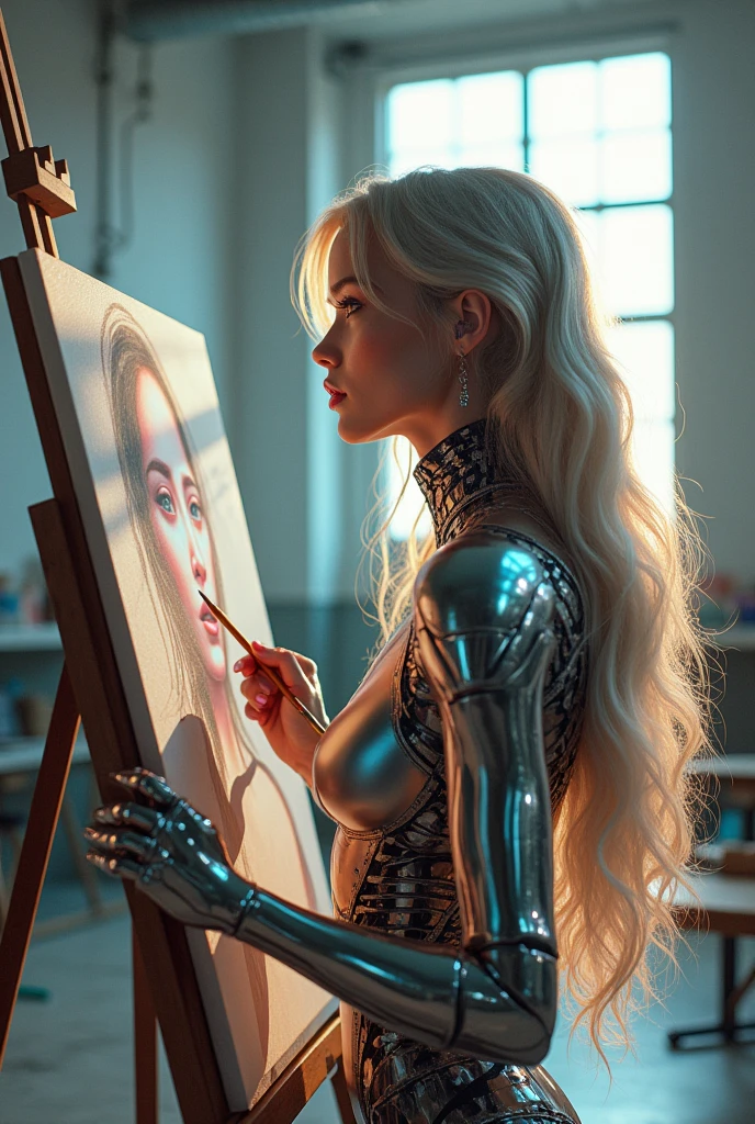 A cyborg girl stands in the center of a large bright studio and is engaged in creating her self-portrait on canvas. She is depicted in all her majestic beauty and elegance. Her metallic skin reflects the light, creating a play of hues and highlights like an expensive piece of jewelry. Her long metal hair frames her face, giving her a mysterious and alluring look. Her bright eyes, in which light shimmers, stare straight ahead with confidence and the strain of creative inspiration. The cyborg girl is depicted in a graceful pose, showing off her grace and strength as well as the fine workings of her mechanical limbs. Her hands hold brushes and are immersed in the creative process of creating a stunning work of art. The outline of the self-portrait she is creating with oil paints is already outlined on the canvas. The drawing begins to come to life under her dexterous fingers, gaining depth and volume, and the coating of color fills the canvas with bright hues and rich colors. This entire moment is captured in a gorgeous and amazing scenario that combines the beauty of art, power and technological advancement to make the cyborg girl a unique and inspiring image.