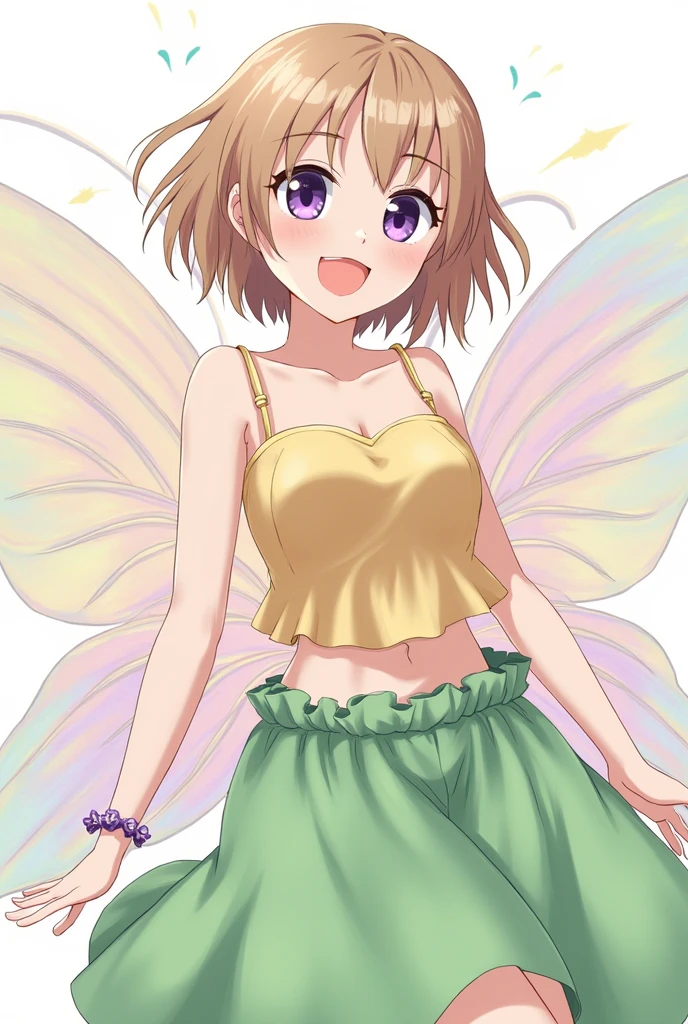 1girl ,fairy, butterfly wings, beautiful clothes,(high resolution, high detail, best quality), medium breasts, topless, smiling, ,