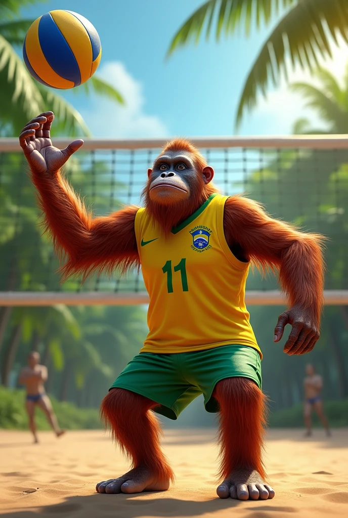 Orangutan wearing the Brazilian national team&#39;s volleyball outfit playing volleyball 