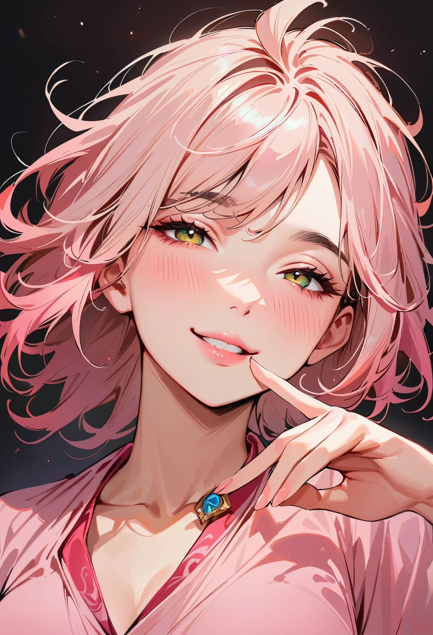 (masterpiece, best quality:1.4), 1 girl, 独奏, Off-white pupils, Blurred eyes, Close your left eye, Smile, Look up and down, Pink lower lip, peace gesture, Pink short hair, Messy hairstyle, Royal sister, large breasts, Pink loose shirt, Vision, black background.