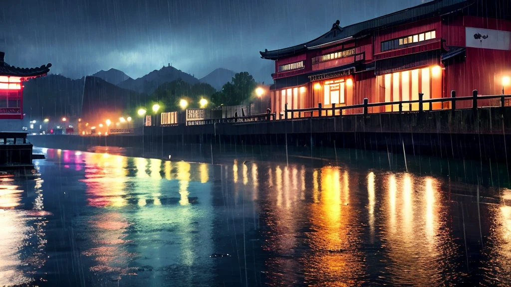Village view,There are a lot of lights in the building, Dream Chinatown, china village, Awesome Wallpapers, Japantown, Japanese Village, 小さな町のシュールなphotograph, Old Asian Village, Japantown市, author:Raymond Han, Rainy night, Cyberpunk ancient Chinese castle, Beautifully illuminated building, When it rains at night, Beautiful and beautiful, photograph, work, 8K, High detail ((downpour)))