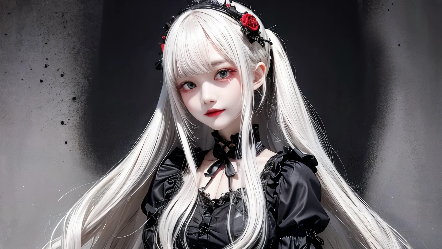 Has long white hair and red eyes、Please draw a super beautiful girl wearing a black hair accessory.。She wears a Gothic ta outfit、The elegant and mysterious atmosphere surrounds you.。Her hair ornament is black、Showing off her beautiful hair、It highlights her individuality。
Her Gothic Loliutfit、A dark and luxurious design that is still subtle、It maintains its understated charm。Lace and ribbon、Accents such as ruffles、It is a hallmark of her Gothic Lolita s.。The outfit hugged her figure beautifully.、It gives elegance and class。
Her red eyes shine passionately、Combined with her charming smile、It highlights her individuality and charm.。Her smile has a unique charm、Combined with her mysterious aura、Her charm stands out even more。Her appearance is美しく、Its presence is captivating。upper body, from below
This beautiful girl with long white hair and red eyes、Wearing a modest yet attractive Gothic Lolita outfi displays its beauty and dignity。Her appearance is、Her presence and charm in the world of Gothic Lolita fashion ised together.、It is a fascinating and mysterious sight.。