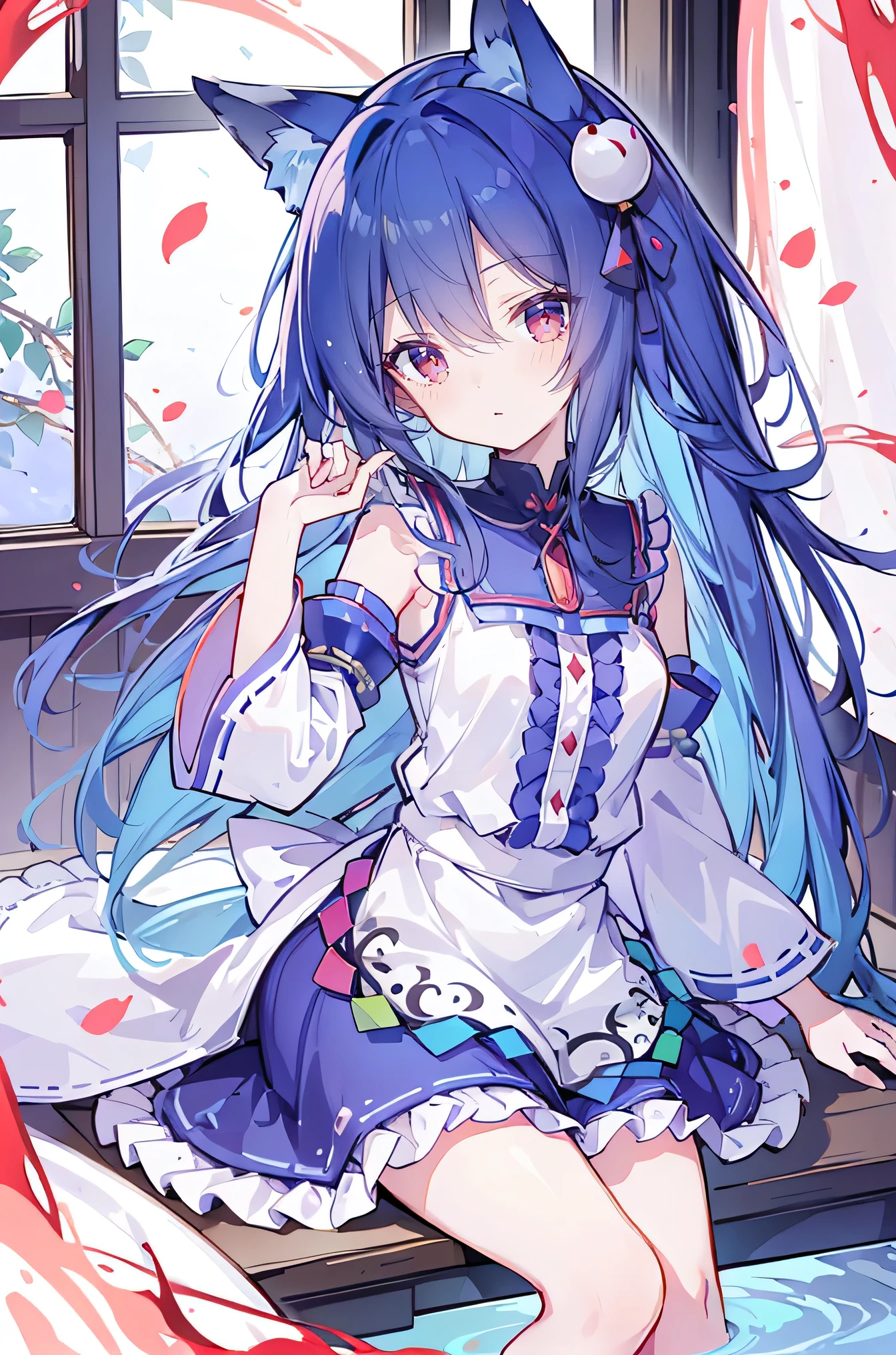 （masterpiece：1.2），Super detailed，lifelike，Expressive eyes，fair skin，perfect face shape，1 girl，
Japanese comics,Gorgeous blue hair,flowing blue hair,flowing clothes,Cat ears,Petals fall,beautiful lola,Baby Angel,
Shaking head with one hand，Cross your legs，，The pavilion is cool and comfortable,smile,back views,sunrise,Petals fall,sunrise，sitting on window sill drinking coffee and looking out the window，Ribbon trimming，Ribbon trimming sleeves，Long sleeve，skirt，Red Eye，solo，Japanese clothes，Sky，Fox ears，Fox Tail，Fox Girl，