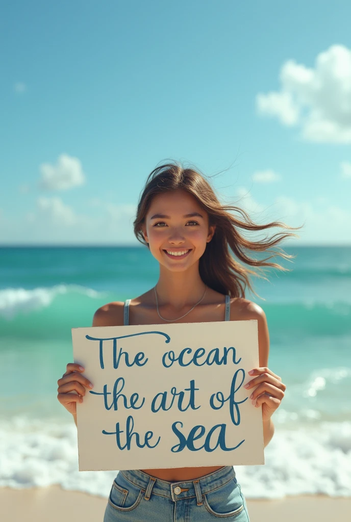 Hyperrealism，A girl holds up a sign that says I Love Seaart Infinity，Standing by the sea，Movie-quality images，Sunlight，Waves，Beach