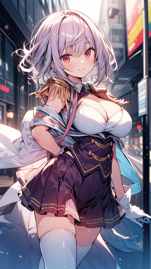 (whole body),masterpiece, Highest quality, High resolution, male, short hair, Hello, Red eyes, Large Breasts, Cleavage, Epaulettes, White gloves, - Elbow hand pockets, Purple Skirt, Knee socks, Cowboy Shot, (Pose in front),straight, street,Low - Angle,Downから,Down