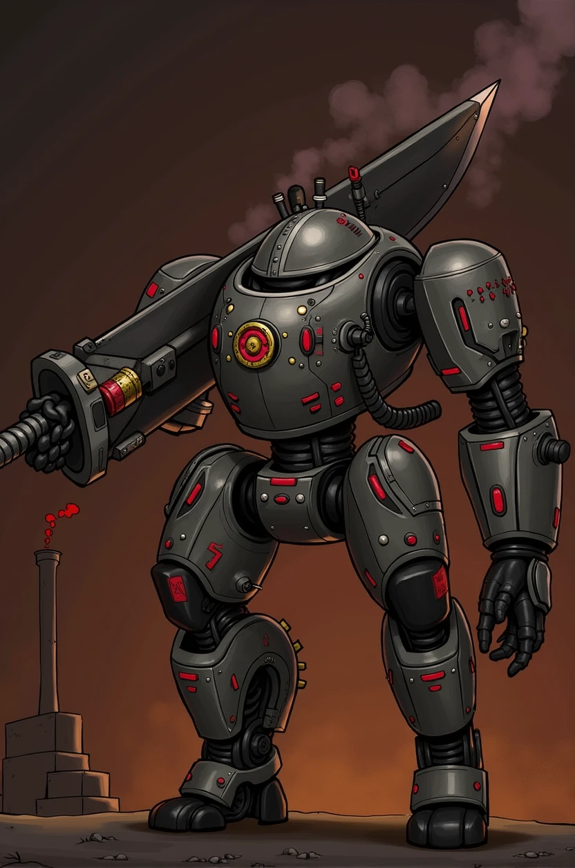 meha, robot, steampunk, steam,
huge sword on left arm, chimney on the back, gear mechanism, smoke from the body