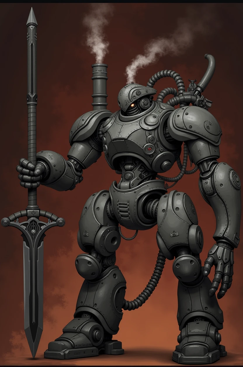 meha, robot, steampunk, steam,
huge sword on left arm, chimney on the back, gear mechanism, smoke from the body