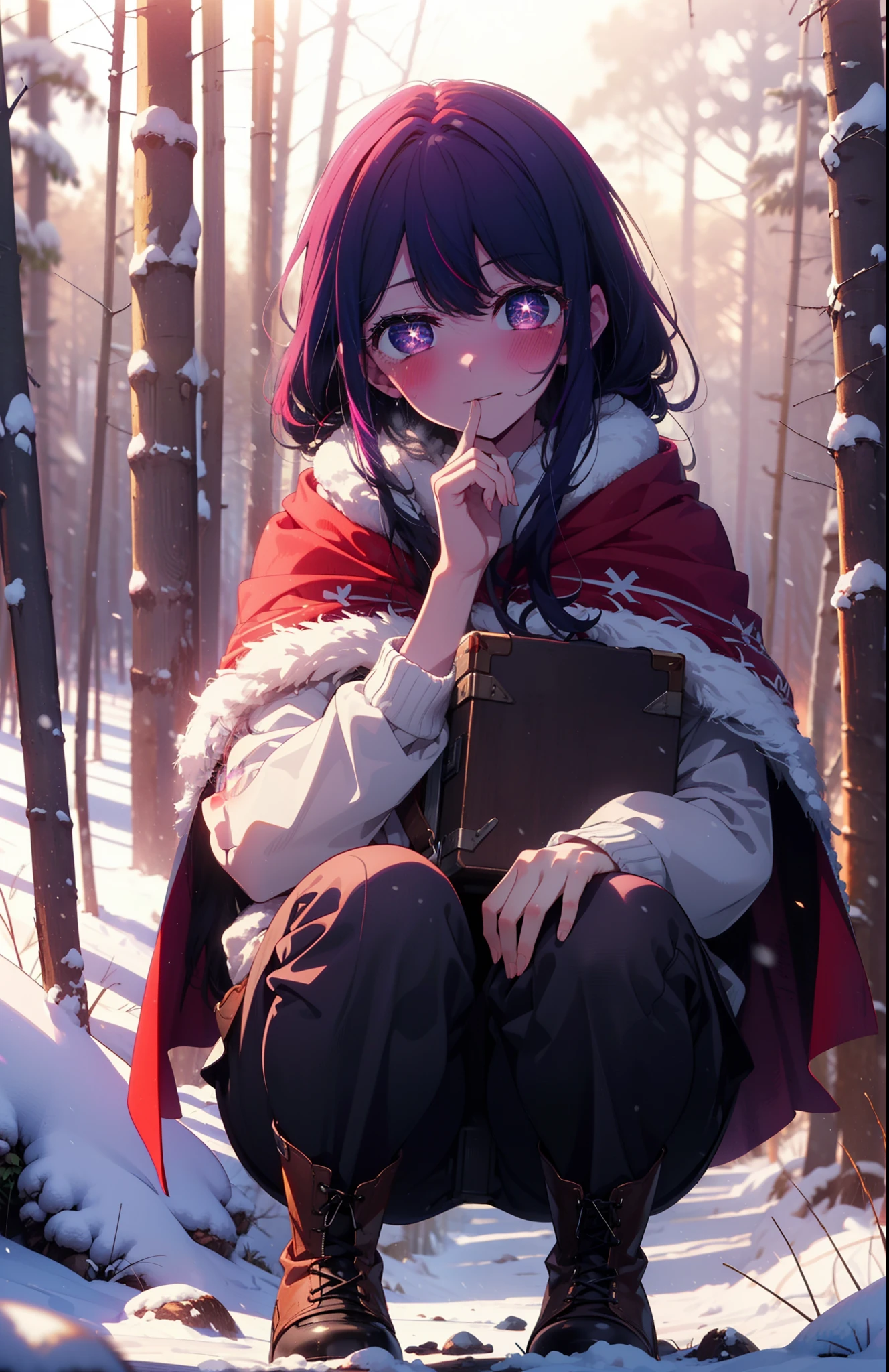 aihoshino, Ai Hoshino, Long Hair, bangs, (Purple eyes:1.1), Purple Hair, (Symbol-shaped pupil:1.5), smile,,smile,blush,white breath,
Open your mouth,snow,Ground bonfire, Outdoor, boots, snowing, From the side, wood, suitcase, Cape, Blurred, , forest, White handbag, nature, Squat, Mouth closed, Cape, winter, Written boundary depth, Black shoes, red Cape break looking at viewer, Upper Body, whole body, break Outdoor, forest, nature, break (masterpiece:1.2), Highest quality, High resolution, unity 8k wallpaper, (shape:0.8), (Beautiful and beautiful eyes:1.6), Highly detailed face, Perfect lighting, Extremely detailed CG, (Perfect hands, Perfect Anatomy),