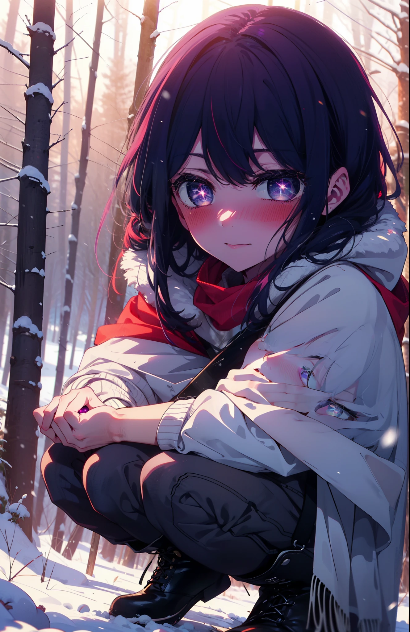 aihoshino, Ai Hoshino, Long Hair, bangs, (Purple eyes:1.1), Purple Hair, (Symbol-shaped pupil:1.5), smile,,smile,blush,white breath,
Open your mouth,snow,Ground bonfire, Outdoor, boots, snowing, From the side, wood, suitcase, Cape, Blurred, , forest, White handbag, nature, Squat, Mouth closed, Cape, winter, Written boundary depth, Black shoes, red Cape break looking at viewer, Upper Body, whole body, break Outdoor, forest, nature, break (masterpiece:1.2), Highest quality, High resolution, unity 8k wallpaper, (shape:0.8), (Beautiful and beautiful eyes:1.6), Highly detailed face, Perfect lighting, Extremely detailed CG, (Perfect hands, Perfect Anatomy),