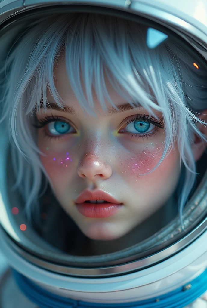 (Close-up of a better masterpiece:1.5)0.9], (Space and astronauts:1.2) (Messy silver hair:1.1) (Heterochromia xanthochromia and blue eyes:1.2) (Space Helmet:1.0) (Colored stars in the eyes:1.0) (A radiant glow:1.1) (thick lips:0.9)