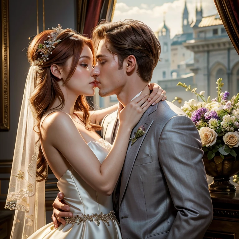 (​masterpiece, best quality:1.5), highest quality, High resolution, super detailed, Realists, Upper body photo of a red-haired flower girl and a boy in a suit, detailed and beautiful eyes, beautiful detailed lips, very detailed eyes and face, longeyelashes, Young girl in a short dress made of shiny purple satin fabric, Beautiful and colorful makeup, elegant and noble々Pose,shiny satin headband, grind, Holding flowers, Gardens as background, soft daylight, bright colors, fine brushstrokes, Portrait style, Noble details in the dress fabric, beautiful color palette, glowing skin, First-class rendering, that captures every detail, enchanting atmosphere, subtle shadows and lights, (perfect anatomy:1.2), (The stunning flower girl is in love with a boy in a grey suit. Exchanging glances. First kiss. (magnificent panorama view:1.2)
