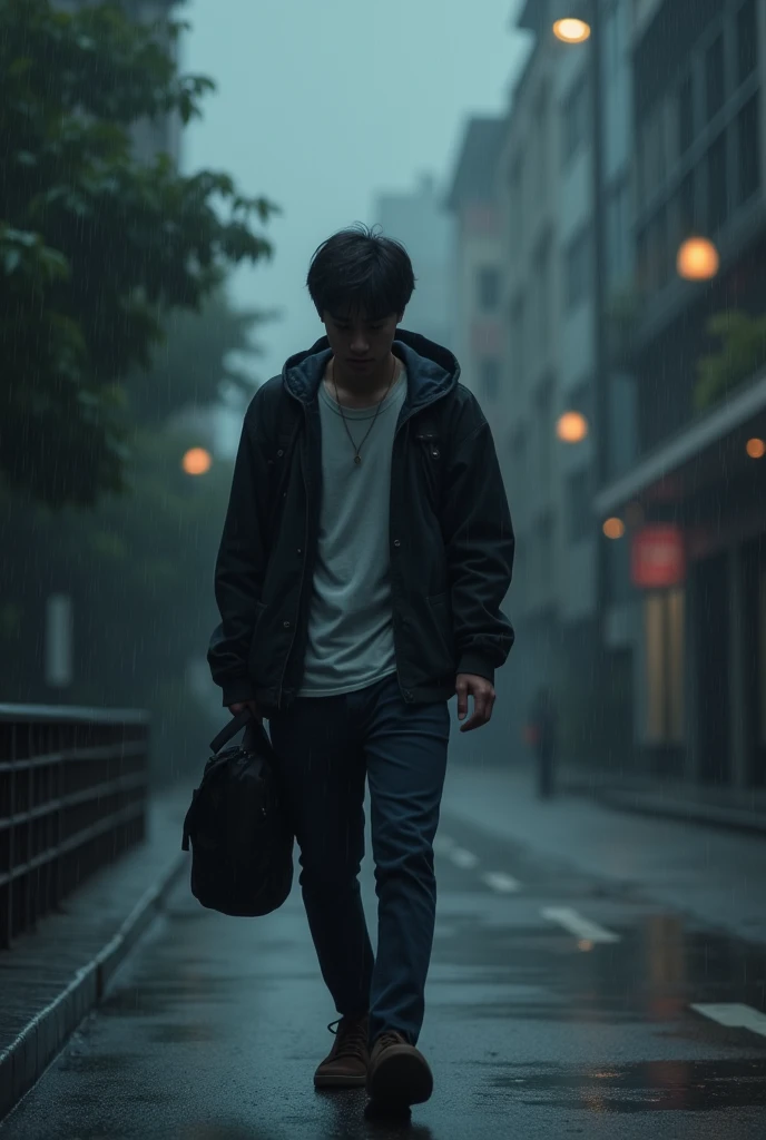 A university boy walking in the rain full of storm lonely and deep inside his thoughts 
