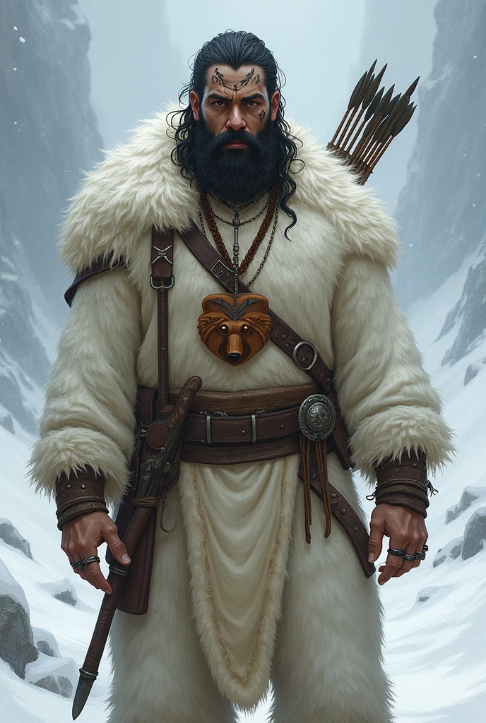 A character from Dungeons and Dragons who is a human ranger, is around 30 years old, slender and with few muscles, dark haired, dense beard and very white skin, 1,80 metro de altura, has many tribal tattoos on his face and forehead, dresses in a large polar bear skin, an important detail: the bear's skin still has the animal's head covering the human's head, You can still see the teeth in the bear's mouth. Complete with light clothing to disguise yourself in the snow-white landscape, carries a bow and arrows on his back, has an ax and a dagger strapped to his waist. He has a necklace with a pendant in the shape of a bear carved in wood around his neck, which is the mark of his ancient tribe., rings on his fingers and has a hard, distant look