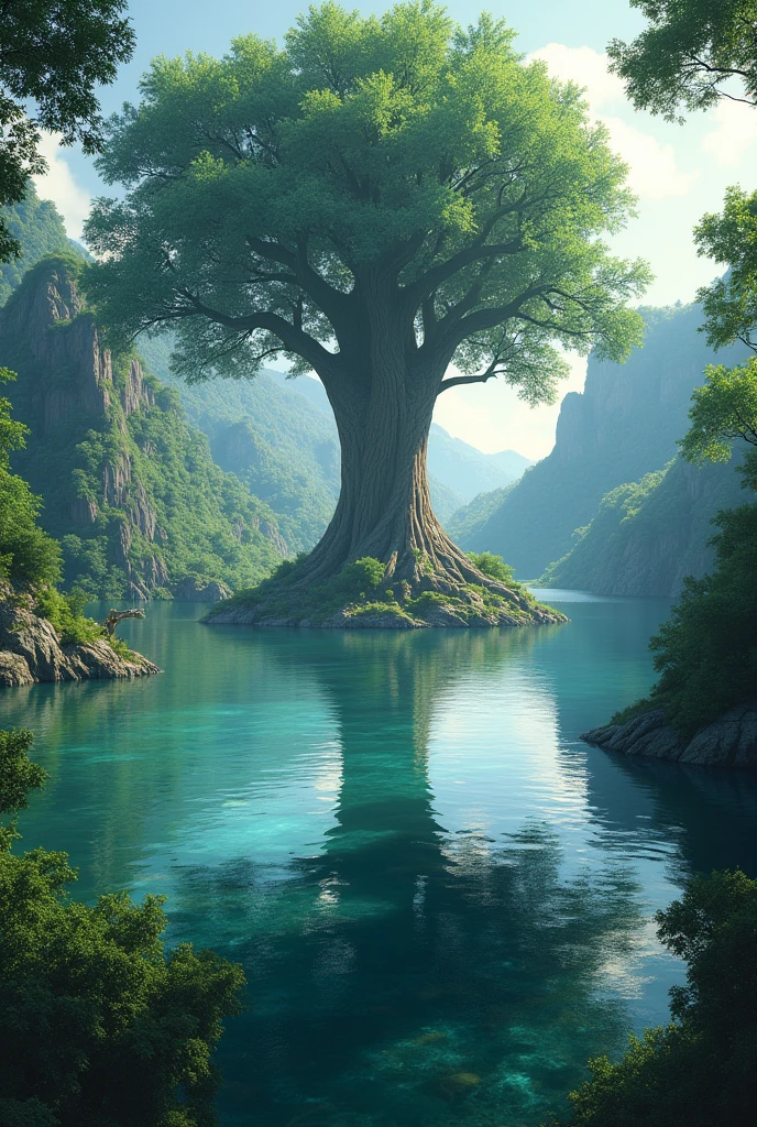 A horizontal view looking down from above at the forest lake with the World Tree