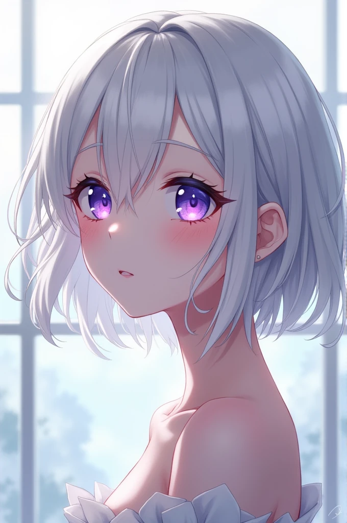 An  with short white hair and purple eyes, anime beautiful girl 