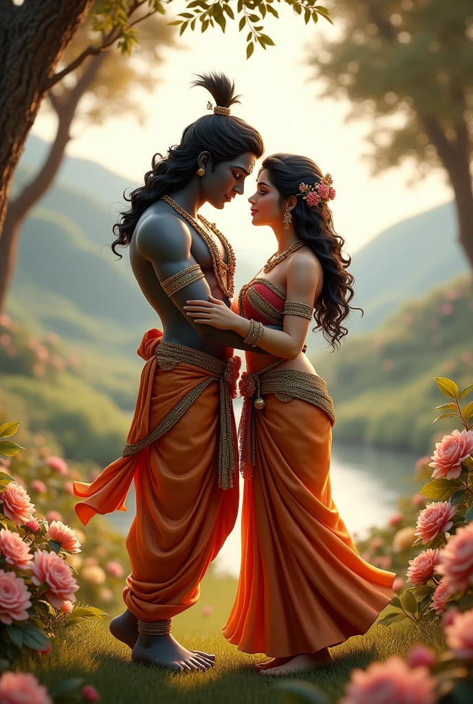 [Core Concept]
A captivating 3D scene depicting the divine love between Lord Krishna and his beloved Radha, two of the most revered figures in Hindu mythology.

[Character Description]
Lord Krishna, the enchanting and mischievous avatar of the supreme deity Vishnu, stands gracefully alongside the beautiful Radha, his eternal consort. Krishna's dark, lustrous skin glows with an inner radiance, his eyes sparkling with playfulness and wisdom. Radha, the embodiment of pure devotion, gazes lovingly at Krishna, her delicate features framed by ornate jewelry and a flowing, ornate sari.

[Environment/Background]
The scene is set in a lush, idyllic pastoral landscape, with rolling hills, verdant meadows, and a serene, shimmering lake in the distance. Towering trees and fragrant flowers surround the divine couple, creating a sense of timeless, celestial beauty.

[Style and Atmosphere]
The overall style is realistic yet infused with a divine, ethereal quality. The lighting and textures capture the luminous, almost ethereal essence of the figures, while the attention to detail and intricate ornamentation evoke the rich, ornate aesthetic of traditional Indian art.

[Composition]
The composition places Krishna and Radha at the center, their figures intertwined in a graceful, harmonious dance. The surrounding environment frames the couple, drawing the viewer's eye to the captivating display of divine love and devotion.

[Details and Embellishments]
The scene is further embellished with delicate floral motifs, intricate jewelry, and ornamental patterns that add to the opulent, sacred atmosphere. The attention to detail in the characters' expressions, poses, and garments heightens the sense of reverence and timelessness.

[Technical Specifications]
The image is rendered in high-quality 3D, with meticulous attention to lighting, textures, and realistic modeling to create a truly immersive and visually stunning representation of this iconic Hindu narrative.