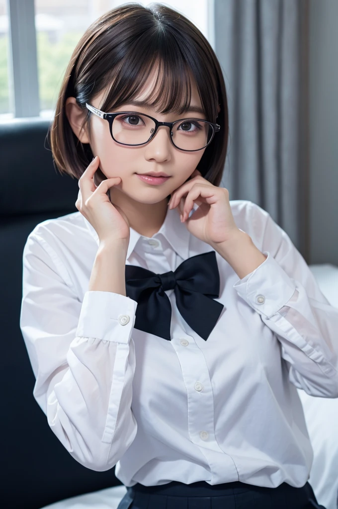 8k、Ultra Detail、フォトReal、Realistic and accurate depiction、Realistic and accurate human anatomy、High resolution、Highest quality、Japanese、Real、Ultimate Girl、Perfect figure、whole body、cute、ランダムでcuteヘアスタイル、View your viewers、Ahoge、162cm, Beautiful and big breasts, Beautiful girl with glasses、School uniforms、cute制服、Intelligent design glasses、short hair
