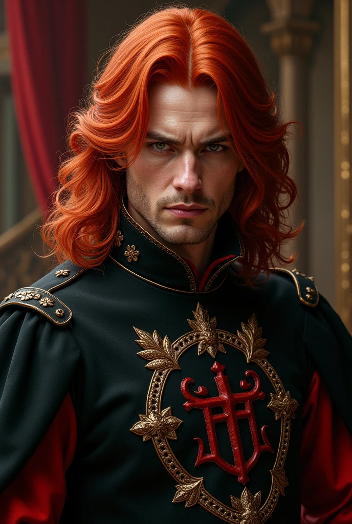 ((best qualityer)), ((work of art)), (detailded), 1 man with red hair wearing medieval black and red