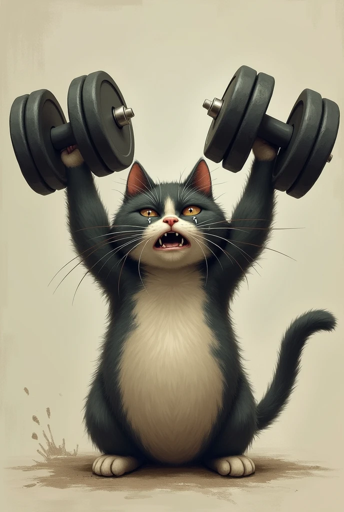 Sad cat crying lifting dumbbells