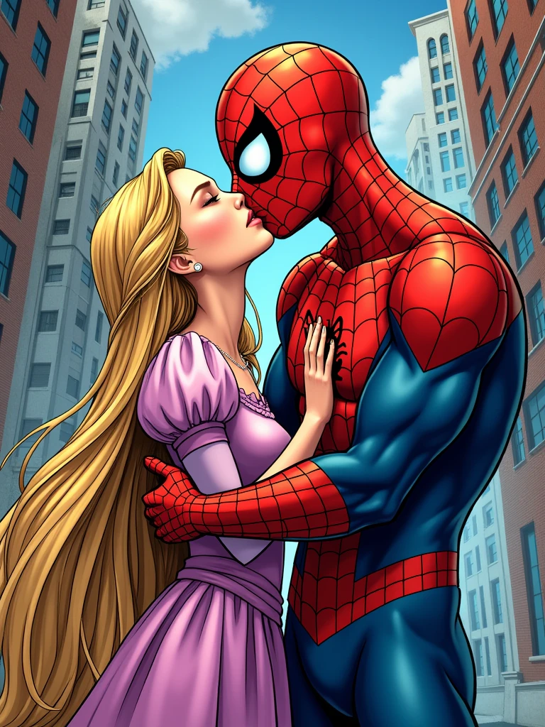 Make a comic book style one where Spiderman and Rapunzel kiss while Spiderman hangs upside down from his web. Rapunzel has to stand holding her face, which will be uncovered and Spiderman's face will be visible and it will be seen that he is Peter Parker