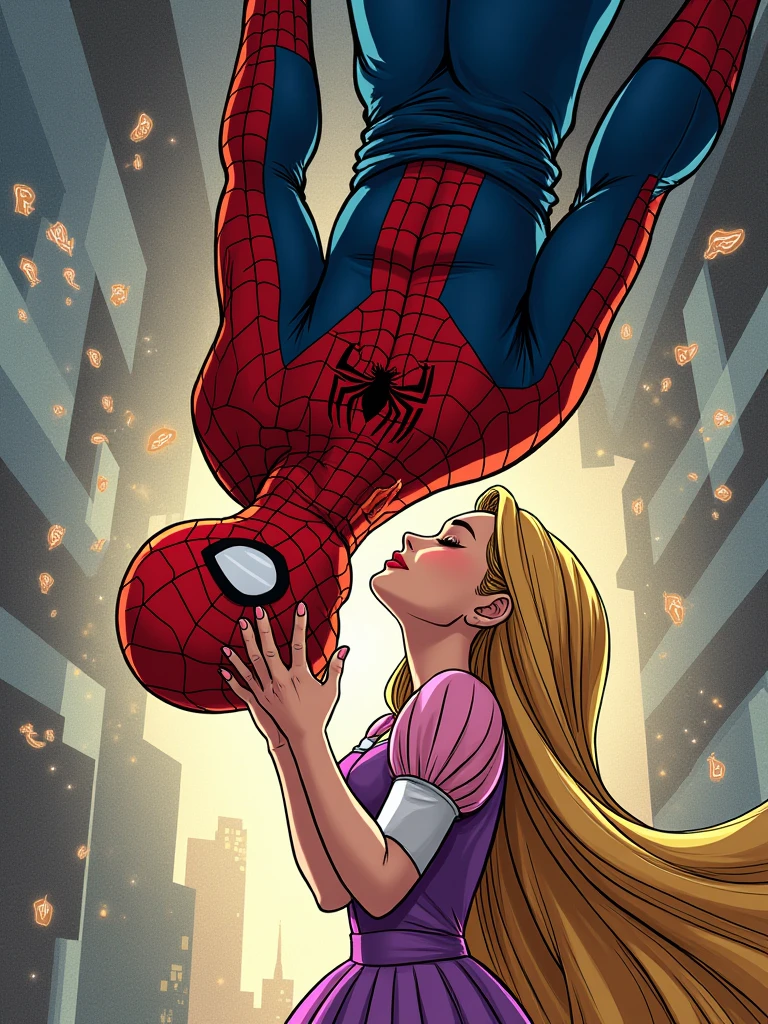 Make a comic book style one where Spiderman and Rapunzel kiss while Spiderman hangs upside down from his web. Rapunzel has to stand holding her face, which will be uncovered and Spiderman's face will be visible and it will be seen that he is Peter Parker
