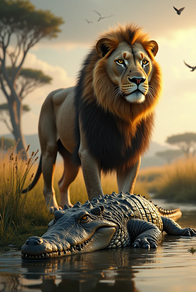 Realistic lion and crocodile in one picture 