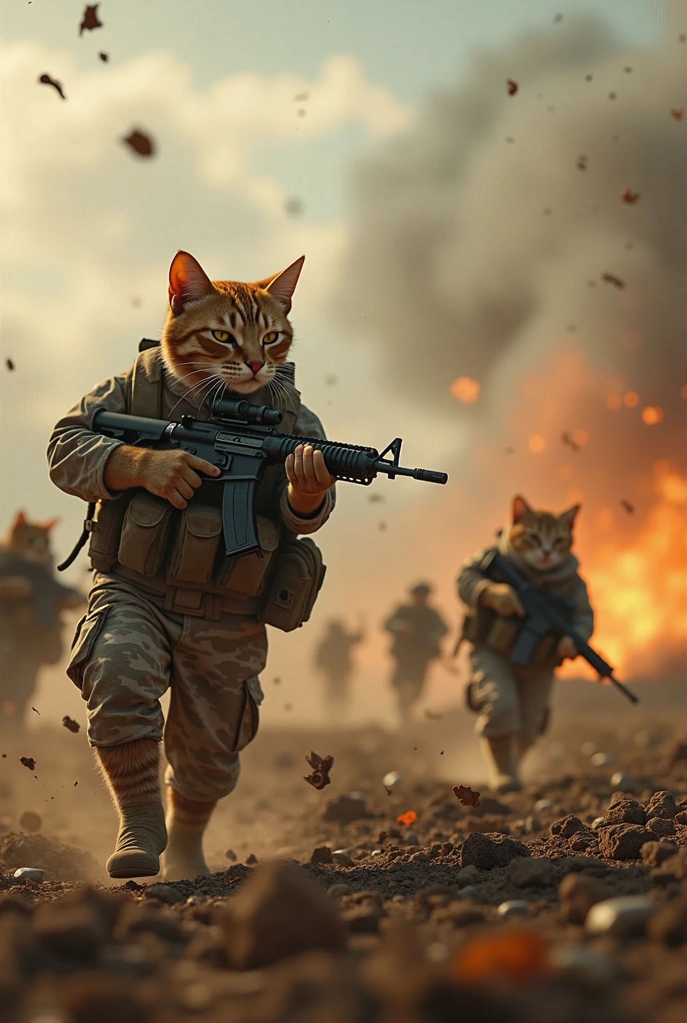 Cinematic, hyper-realistic 8K photo of a modern battlefield where cats in combat camouflage uniforms engage in intense warfare against humans. Explosions, gunfire, smoke, and debris fill the air, capturing the chaos of battle. Film grain effect, epic composition, movie poster style, with insane detail and dynamic action.