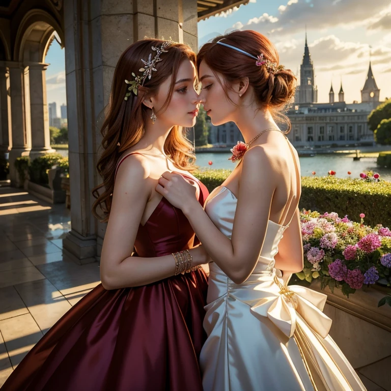 (masterpiece, best quality:1.5), highest quality, High resolution, super detailed, Realists, Upper body photo of a red-haired flower girl and a boy in a suit, detailed and beautiful eyes, beautiful detailed lips, very detailed eyes and face, longeyelashes, Young girl in a short red dress made of shiny satin fabric, Beautiful and colorful makeup, elegant and noble々Pose,shiny satin headband, grind, Holding flowers, Gardens as background, soft daylight, bright colors, fine brushstrokes, Portrait style, Noble details in the dress fabric, beautiful color palette, glowing skin, First-class rendering, that captures every detail, enchanting atmosphere, subtle shadows and lights, (perfect anatomy:1.2), (The stunning flower girl is in love with a boy in a suit. Exchanging glances. First kiss. (magnificent panorama view:1.2)