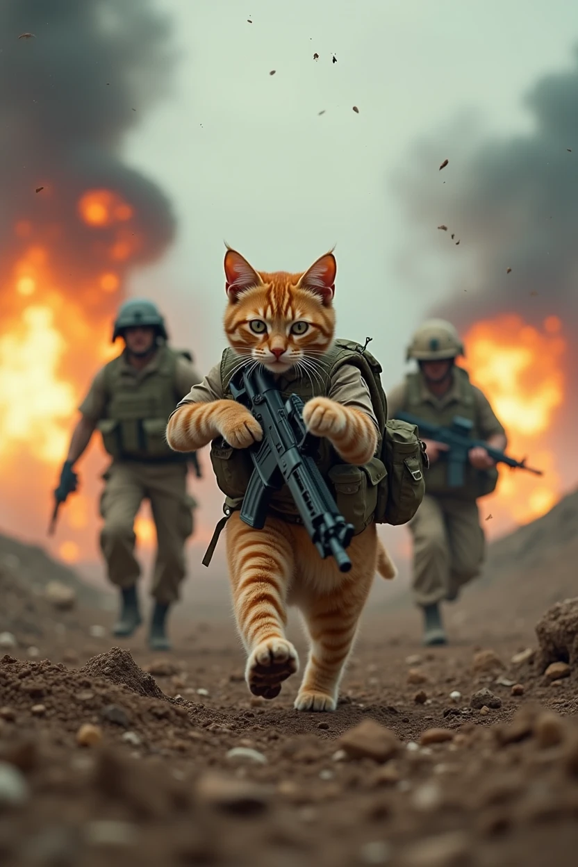 Cinematic, hyper-realistic 8K photo of a modern battlefield where cats in combat camouflage uniforms engage in intense warfare against humans. Explosions, gunfire, smoke, and debris fill the air, capturing the chaos of battle. Film grain effect, epic composition, movie poster style, with insane detail and dynamic action.