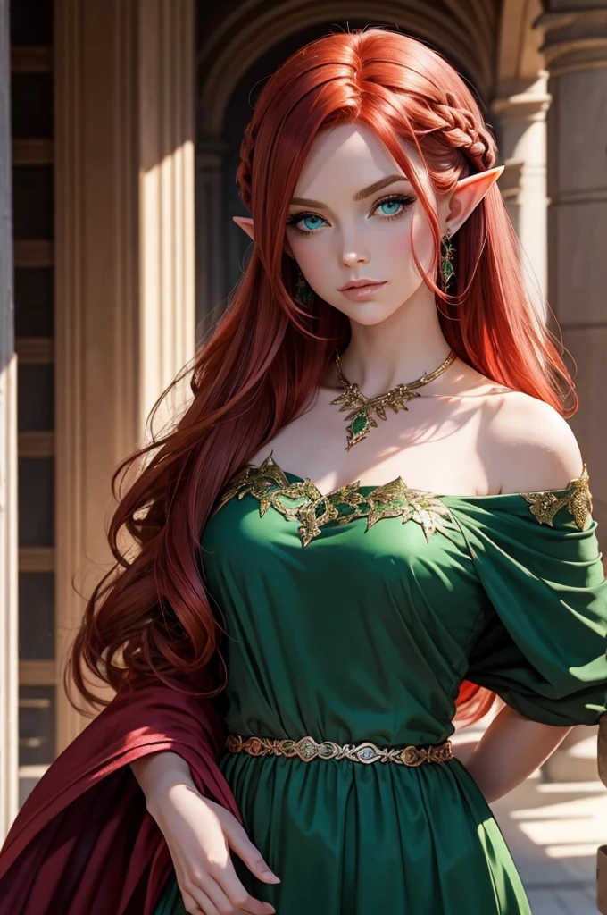 adult, beautiful, redhead, side part hairstyle, dark green eyes, pink dress, elf, sorcerer, fancy