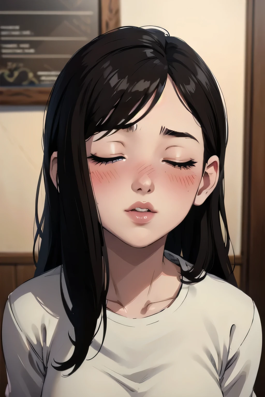 Sexy and cute woman, black brown hair, long hair, straight hair, weak eyes, blushing intensely, lips parted, ready to kiss, long oversized white shirt