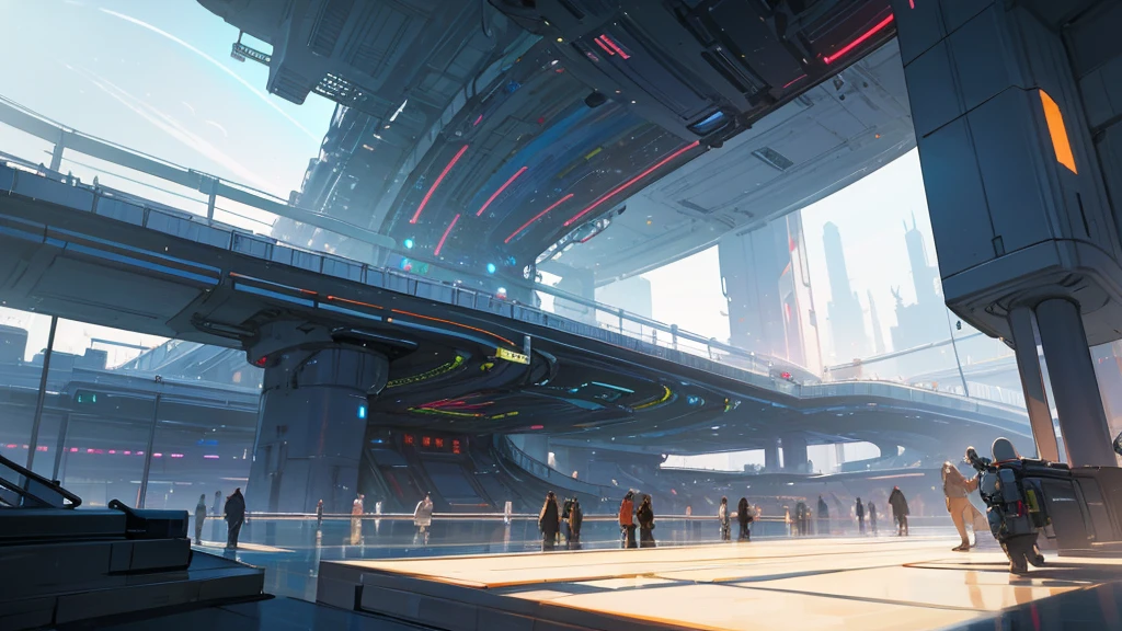 [Core Concept]
A futuristic, awe-inspiring spacestation docking bay in orbit, with breathtaking views of the planets and solar system visible through the expansive windows.

[Character Description]
The station is enormous in scale, a testament to humanity's engineering prowess and technological advancement.

[Environment/Background]
The docking bay is a vast, cavernous space, bathed in vivid, vibrant hues that reflect the energy and dynamism of the celestial bodies beyond the station's walls.

[Style and Atmosphere]
The scene exudes a sense of wonder and discovery, evoking the thrill of space exploration and humanity's boundless potential.

[Composition]
The composition is grand and sweeping, drawing the viewer's eye towards the stunning vistas of the planets and stars visible through the station's panoramic windows.

[Details and Embellishments]
Sleek, futuristic architecture and cutting-edge technology are seamlessly integrated, creating an immersive and captivating environment.

[Technical Specifications]
This artwork is a digital, hyperrealistic rendering of a futuristic spacestation docking bay, showcasing the beauty and majesty of humanity's presence in the cosmos.