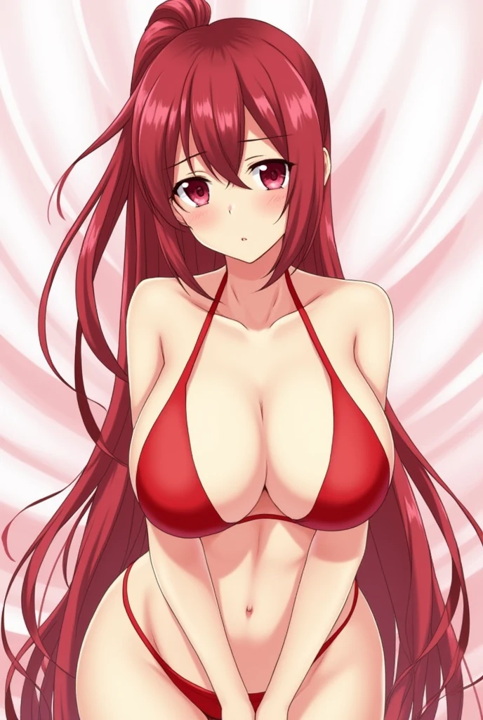 ((Highest quality)), ((masterpiece)), (detailed), one futanari,long hair,redhair,red eyes,beauty,ponytail,Slanted Eyes、Bad look in the eyes,アニメ,game cg,shiny skin,huge breasts,loli,very long hair,Completely naked,nsfw,