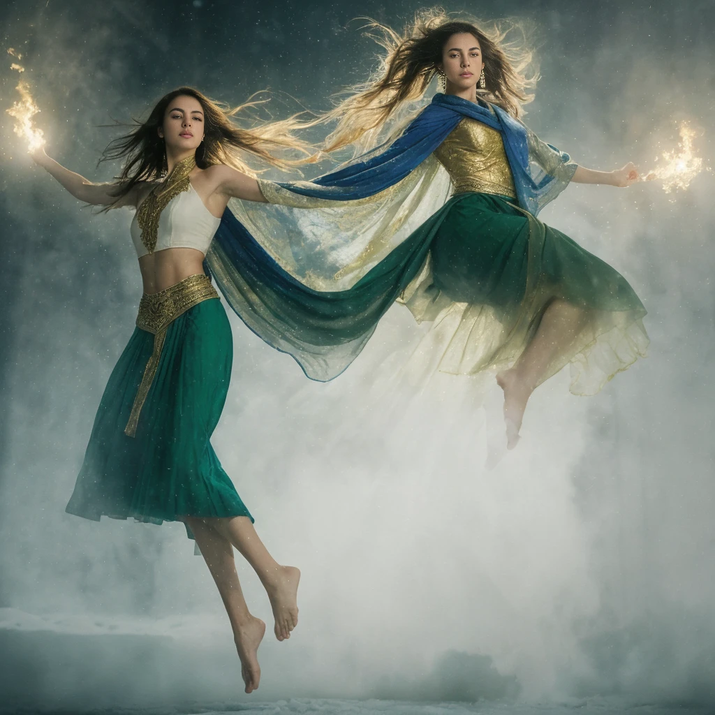 Masterpiece, best quality, realistic, (1 girl: 1.3), blue gold white clothes, shawl long hair, jump, leap, dance, green gold white clothes, long skirt, long scarf, flowing, light armor, snow white skin, bare shoulders, full body, (from below:1.5), martial arts, dynamics, flames, particles
