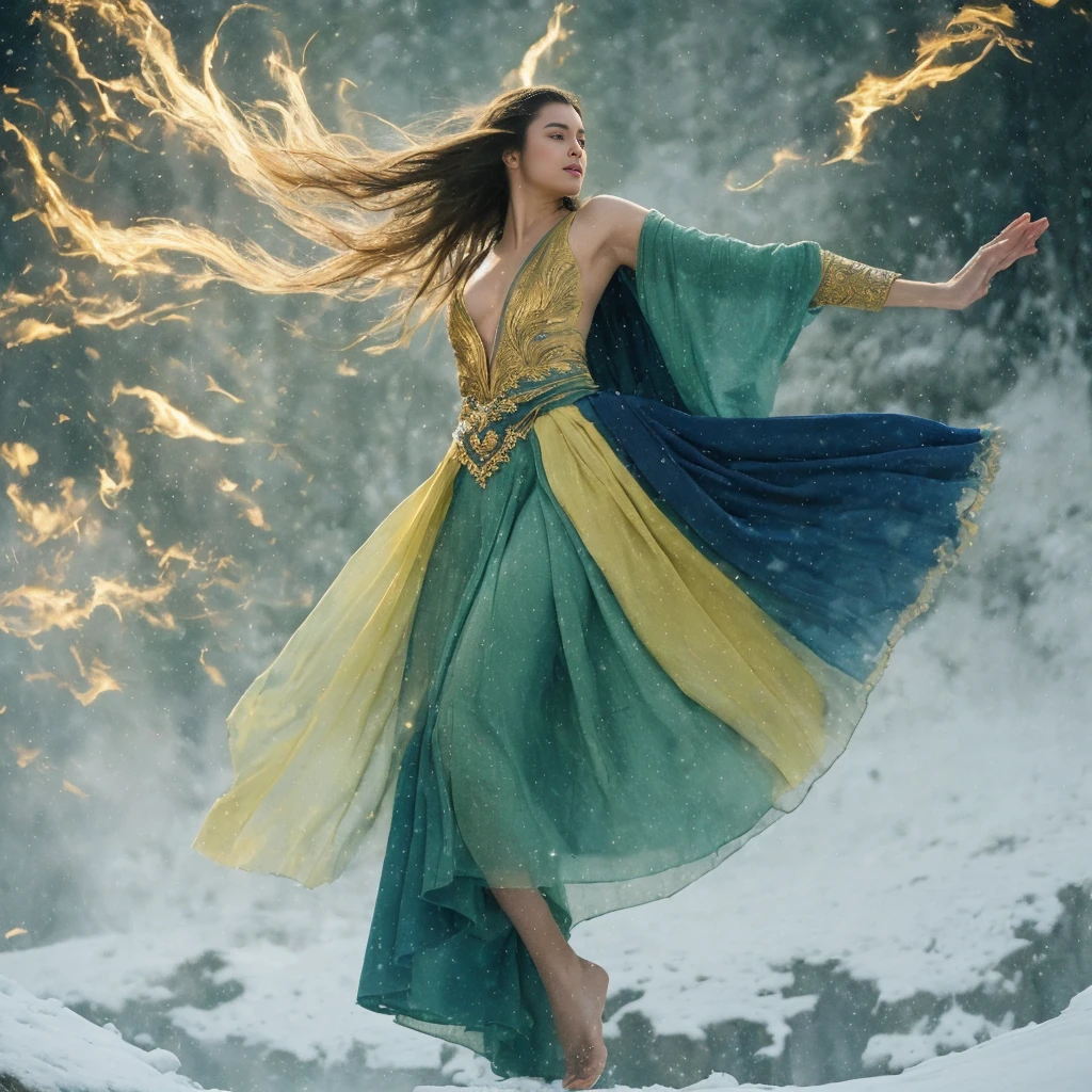 Masterpiece, best quality, realistic, (1 girl: 1.3), blue gold white clothes, shawl long hair, jump, leap, dance, green gold white clothes, long skirt, long scarf, flowing, light armor, snow white skin, bare shoulders, full body, (from below:1.5), martial arts, dynamics, flames, particles