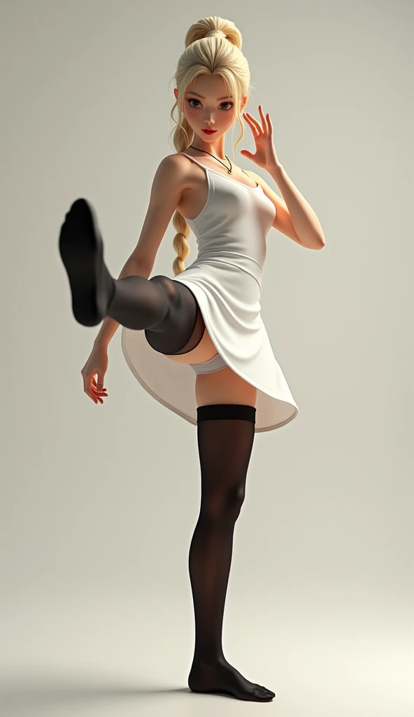 masterpiece, best quality, super detailed, beautiful eyes beautiful details eyes, Clean and delicate face, whole body, fighting with high kick, Single Braided blonde pony tail, parted bangs, forehead, BREAK wearing mini Cheongsam, white high cut underwear, Sleeveless, black pantyhose, white short boots, simple color background