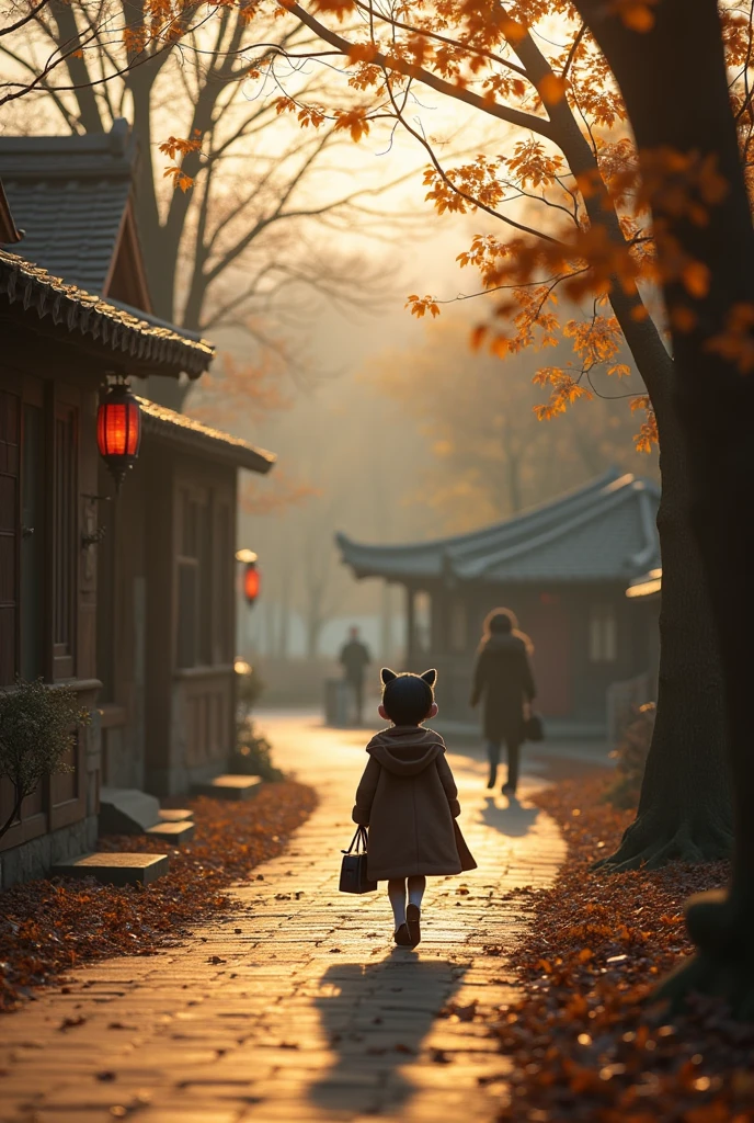 Beijing街头,35mm lens,Multiple angles,Countryside scenery,Suburban,Back,side,silhouette,Overhead shot,Cat,Standing,doll,Carrying a small school bag,tram,Beijing,Autumn woods,Wooden house,Platform, cloak,Ruan Jia,Suit,tie, (Delicate face), (Fine fluffy fur),(35mm Cinema Lens),(Multi-angle shooting),(many viewing angles)
