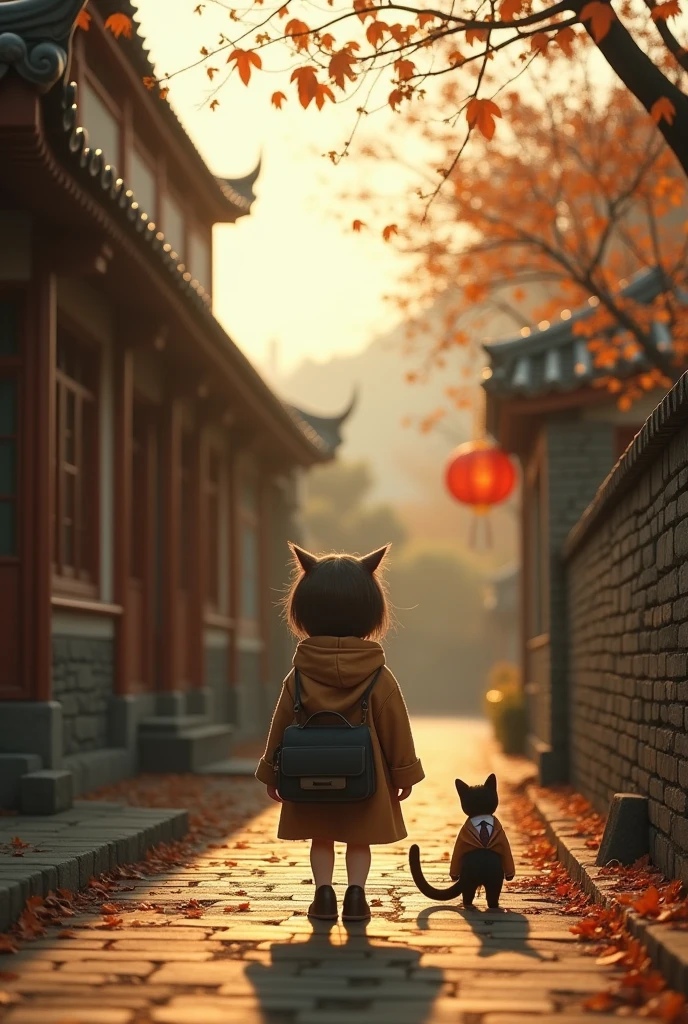 Beijing街头，35mm lens，Multiple angles，Countryside scenery，Suburban，Back，side，silhouette，Overhead shot，Cat，Standing，doll，Carrying a small school bag，tram，Beijing，Autumn woods，Wooden house，Platform， cloak,Ruan Jia,Suit,tie, (Delicate face), (Fine fluffy fur)，（35mm Cinema Lens），（Multi-angle shooting），（many viewing angles）