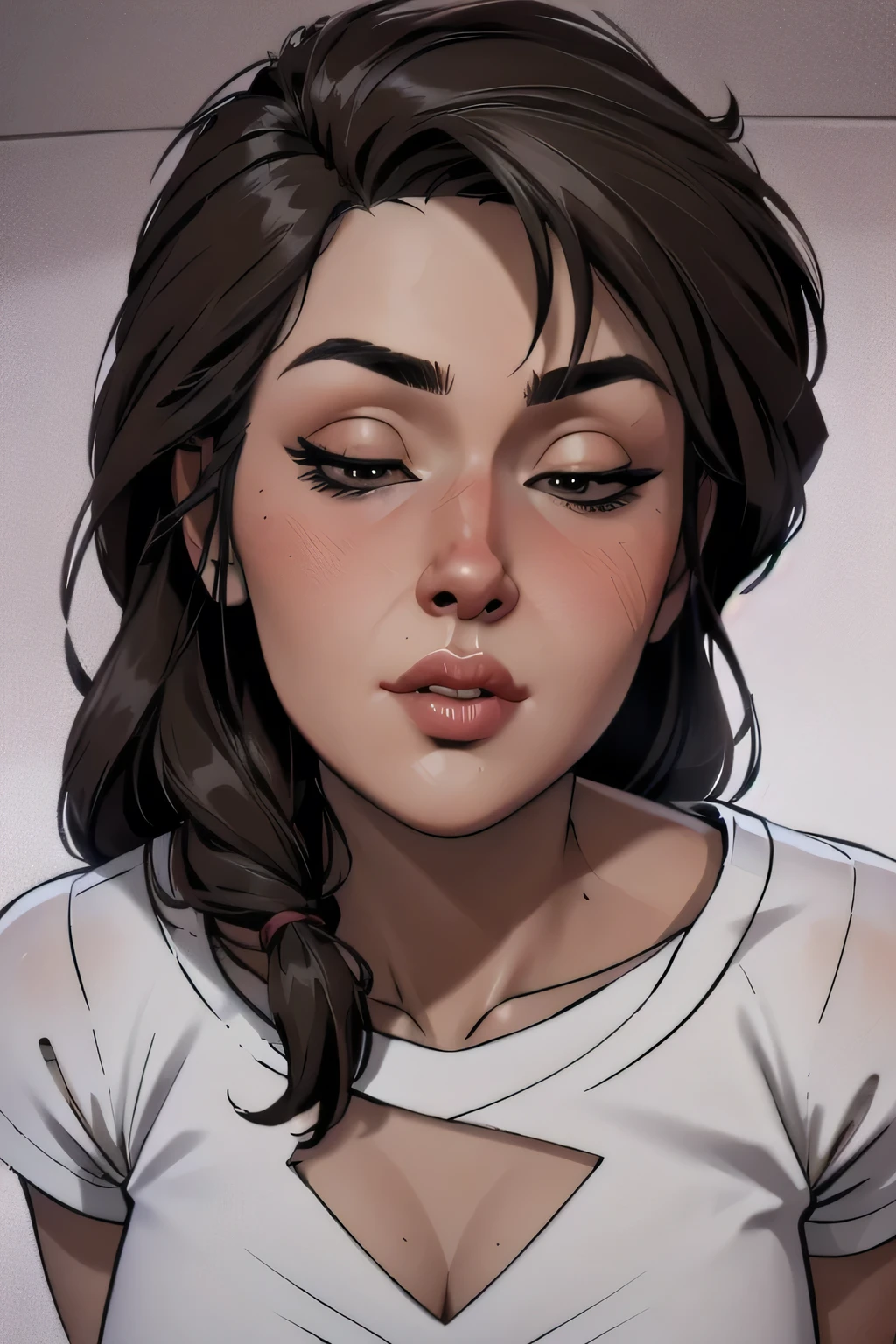 Sexy and cute woman, black brown hair, long hair, straight hair, weak eyes, blushing intensely, lips parted, ready to kiss, long oversized white shirt