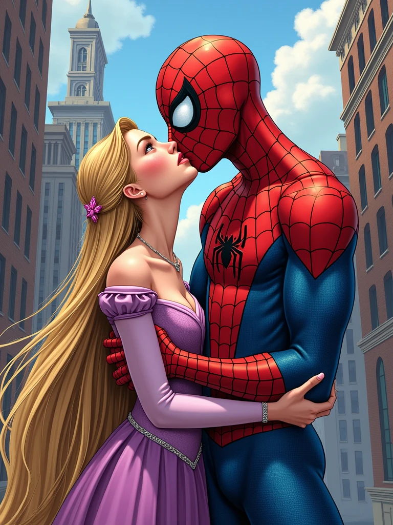 Make a comic book style one where Spiderman and Rapunzel kiss while Spiderman hangs upside down from his web. Rapunzel has to stand holding her face, which will be uncovered and Spiderman's face will be visible and it will be seen that he is Peter Parker