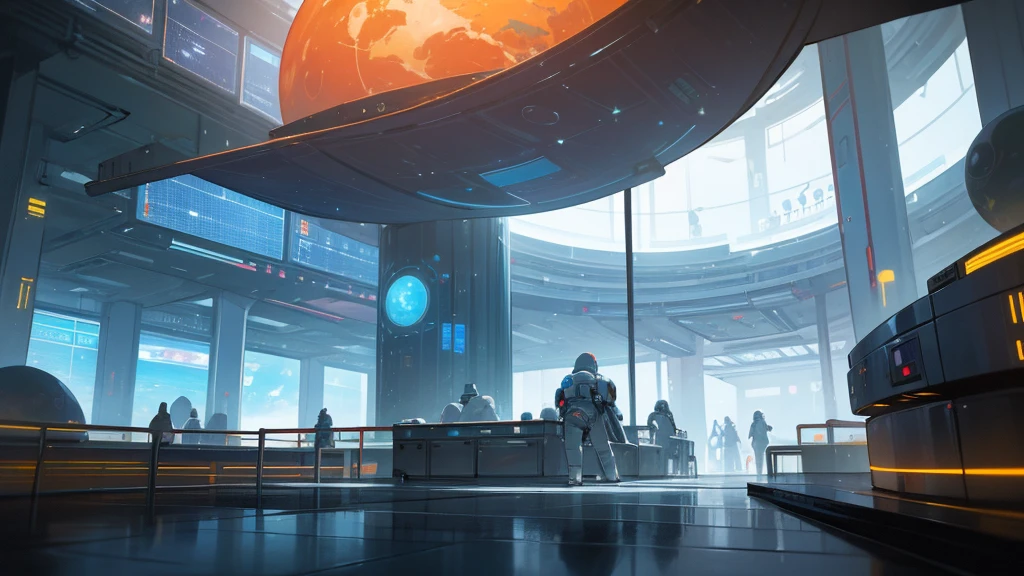 design the lobby of a futuristic space station in orbit. from the station window you can see the planets and the solar system. stunning art with vivid colors. a huge station!