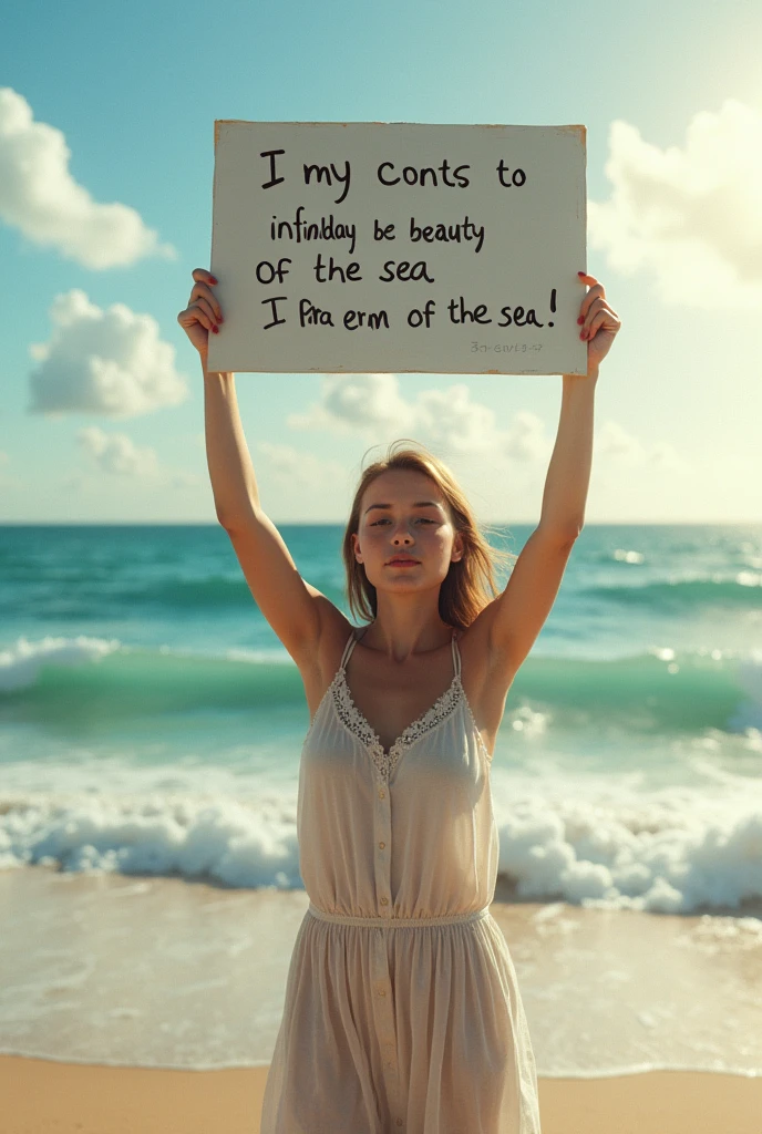 Hyperrealism,A girl holds up a sign that says I Love Seaart Infinity,Standing by the sea,Movie-quality images,Sunlight,Waves,Beach