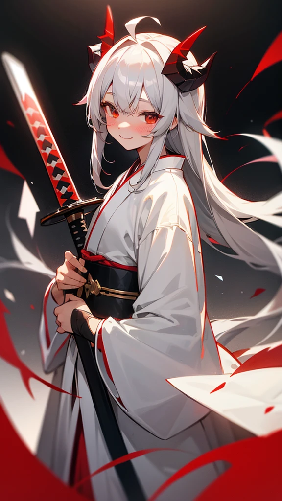 Gray Hair,A single black mesh in the bangs,White demon horns,Long Hair, Ahoge, Blushing, smile, kimono,Two swords on the back,Red and white clothes,