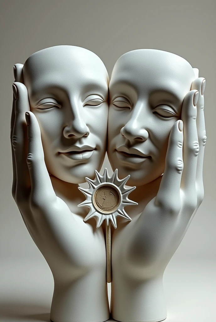 sculpture of two hands, taking the faces of the theater and a sun key as support,