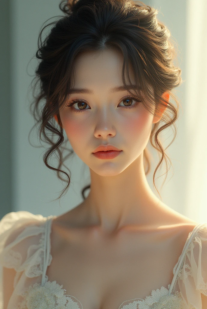 [Core Concept] A young female figure, radiating charm and grace.

[Character Description] A captivating girl, her features delicate and elegant, with an enchanting gaze that captivates the viewer. Her expression is serene and pensive, hinting at an inner depth and thoughtfulness.

[Environment/Background] The girl is set against a softly blurred, ethereal background, allowing her to take center stage and command the viewer's attention.

[Style and Atmosphere] The overall style is dreamlike and romantic, with a touch of whimsy and timelessness. The atmosphere is one of tranquility and introspection.

[Composition] The composition is carefully balanced, with the girl positioned centrally, occupying a prominent and commanding presence within the frame.

[Details and Embellishments] Subtle details, such as wisps of hair framing her face or the delicate folds of her clothing, add depth and texture to the image, heightening the sense of realism and intimacy.

[Technical Specifications] The image is rendered with a high degree of photorealism, utilizing advanced techniques in lighting, shading, and color balance to create a captivating and visually striking representation of the young girl.