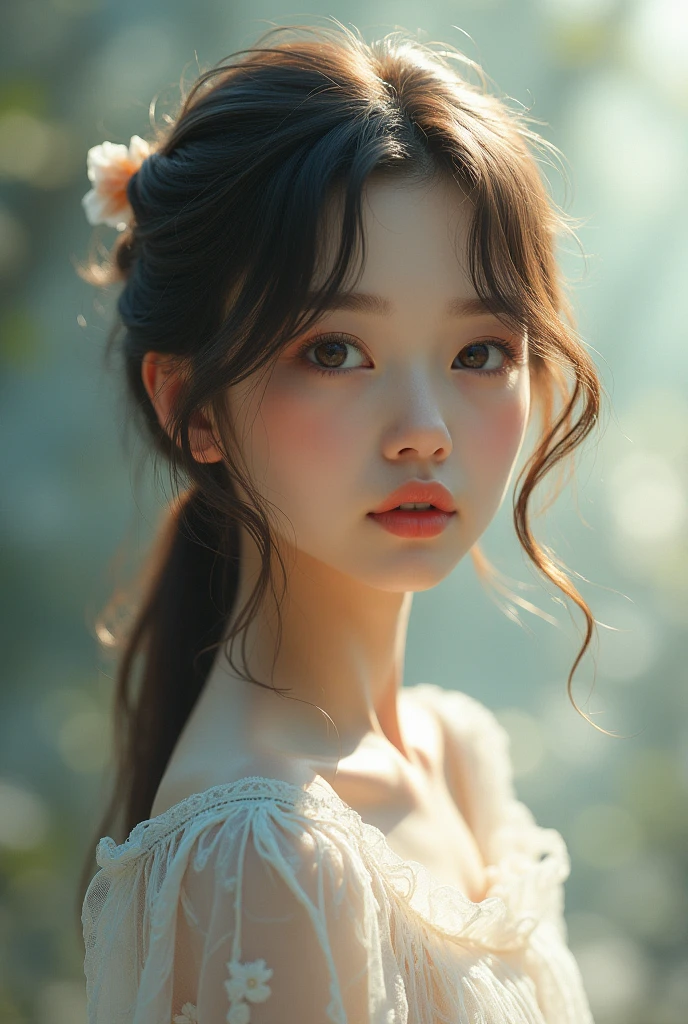 [Core Concept] A young female figure, radiating charm and grace.

[Character Description] A captivating girl, her features delicate and elegant, with an enchanting gaze that captivates the viewer. Her expression is serene and pensive, hinting at an inner depth and thoughtfulness.

[Environment/Background] The girl is set against a softly blurred, ethereal background, allowing her to take center stage and command the viewer's attention.

[Style and Atmosphere] The overall style is dreamlike and romantic, with a touch of whimsy and timelessness. The atmosphere is one of tranquility and introspection.

[Composition] The composition is carefully balanced, with the girl positioned centrally, occupying a prominent and commanding presence within the frame.

[Details and Embellishments] Subtle details, such as wisps of hair framing her face or the delicate folds of her clothing, add depth and texture to the image, heightening the sense of realism and intimacy.

[Technical Specifications] The image is rendered with a high degree of photorealism, utilizing advanced techniques in lighting, shading, and color balance to create a captivating and visually striking representation of the young girl.
