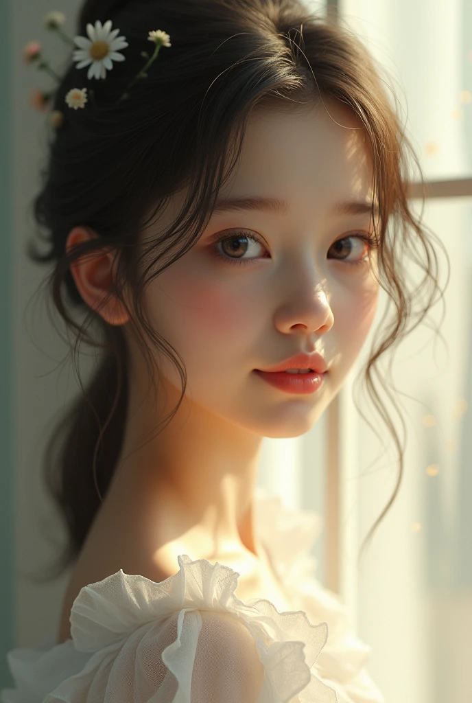[Core Concept] A young female figure, radiating charm and grace.

[Character Description] A captivating girl, her features delicate and elegant, with an enchanting gaze that captivates the viewer. Her expression is serene and pensive, hinting at an inner depth and thoughtfulness.

[Environment/Background] The girl is set against a softly blurred, ethereal background, allowing her to take center stage and command the viewer's attention.

[Style and Atmosphere] The overall style is dreamlike and romantic, with a touch of whimsy and timelessness. The atmosphere is one of tranquility and introspection.

[Composition] The composition is carefully balanced, with the girl positioned centrally, occupying a prominent and commanding presence within the frame.

[Details and Embellishments] Subtle details, such as wisps of hair framing her face or the delicate folds of her clothing, add depth and texture to the image, heightening the sense of realism and intimacy.

[Technical Specifications] The image is rendered with a high degree of photorealism, utilizing advanced techniques in lighting, shading, and color balance to create a captivating and visually striking representation of the young girl.